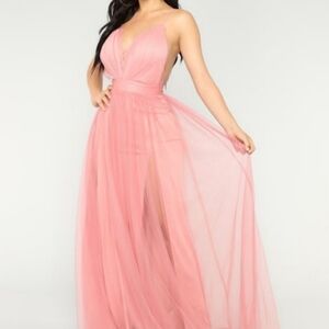 FASHION NOVA Work The Runway Blush Tulle Maxi Backless Dress